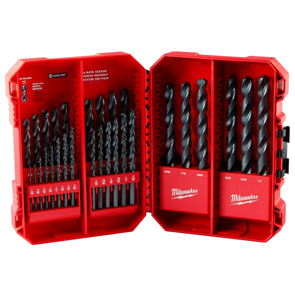 Red carrying case with 29 black oxide drill bits in various sizes arranged in organized rows.