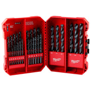 Red carrying case with 29 black oxide drill bits in various sizes arranged in organized rows.