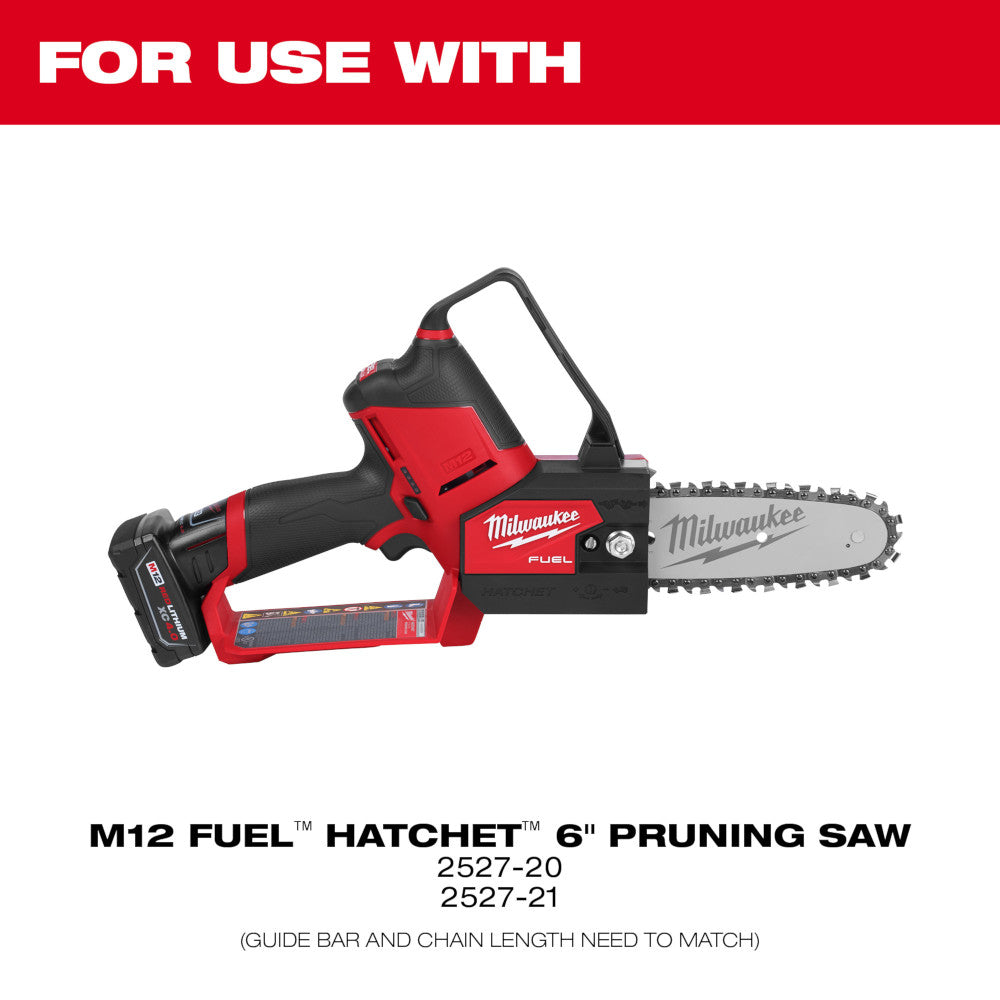 Milwaukee 6-inch guide bar with metal teeth and attachment point for chainsaw coupling.