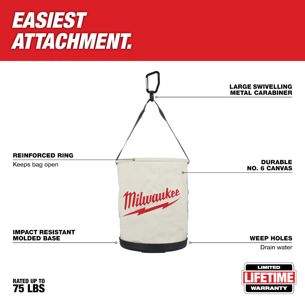 Canvas utility bucket with Milwaukee branding, metal carabiner attachment, reinforced ring, and molded base.