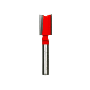Red and silver straight router bit with two flutes and cylindrical shank.