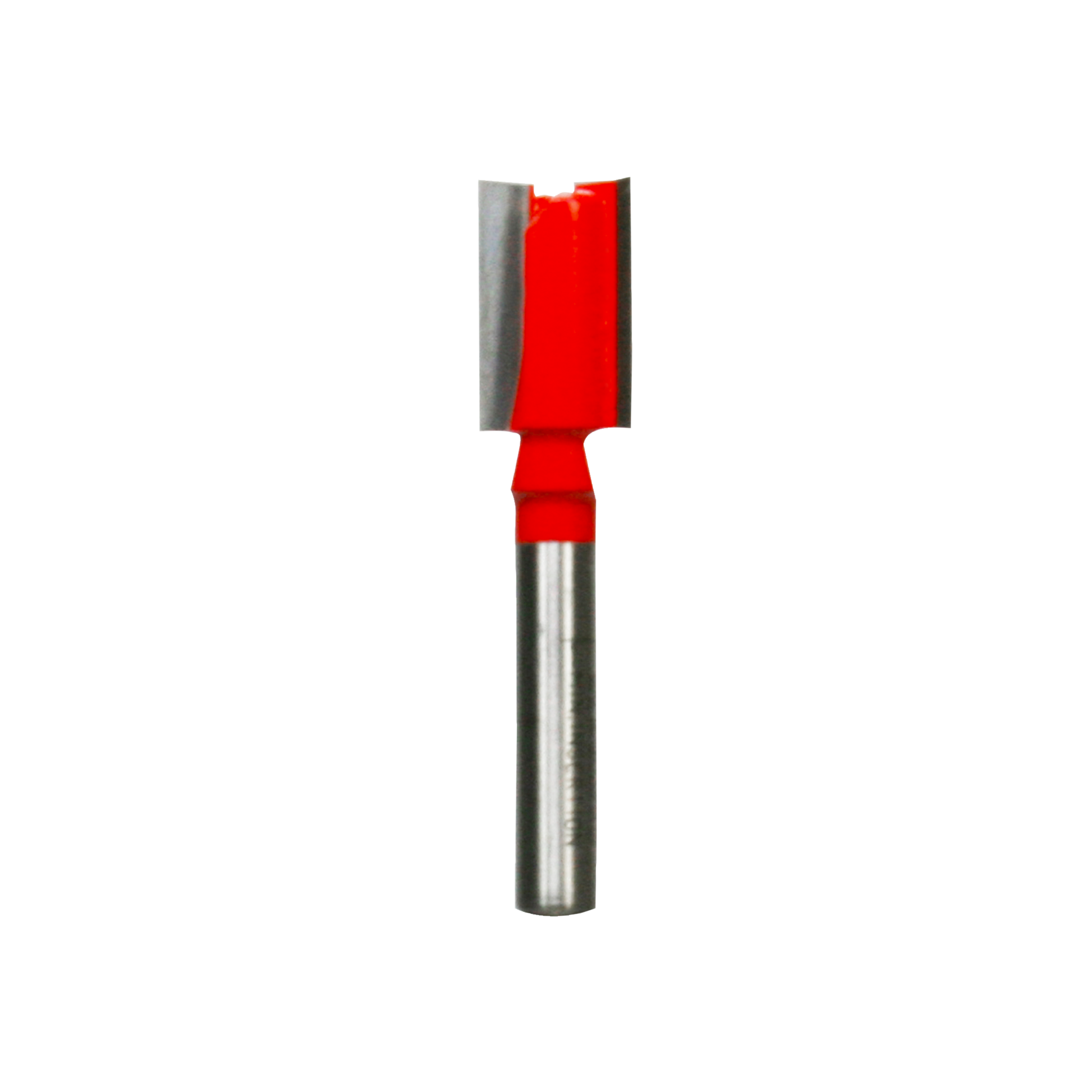 Red and silver straight router bit with two flutes and cylindrical shank.