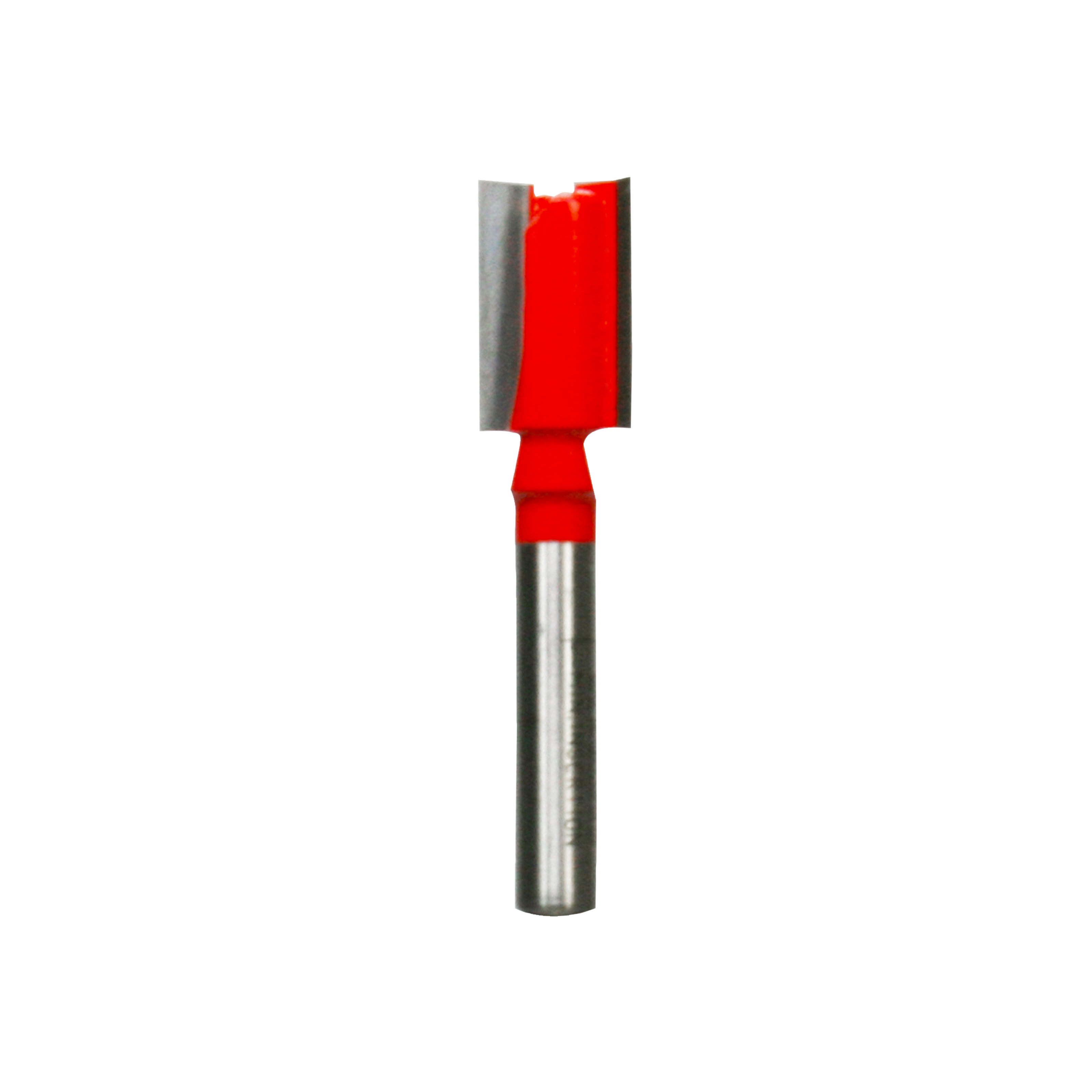 Red and silver straight router bit with two flutes and cylindrical shank.