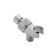 Polished chrome showerarm mount with adjustable angle bracket and threaded connection port.