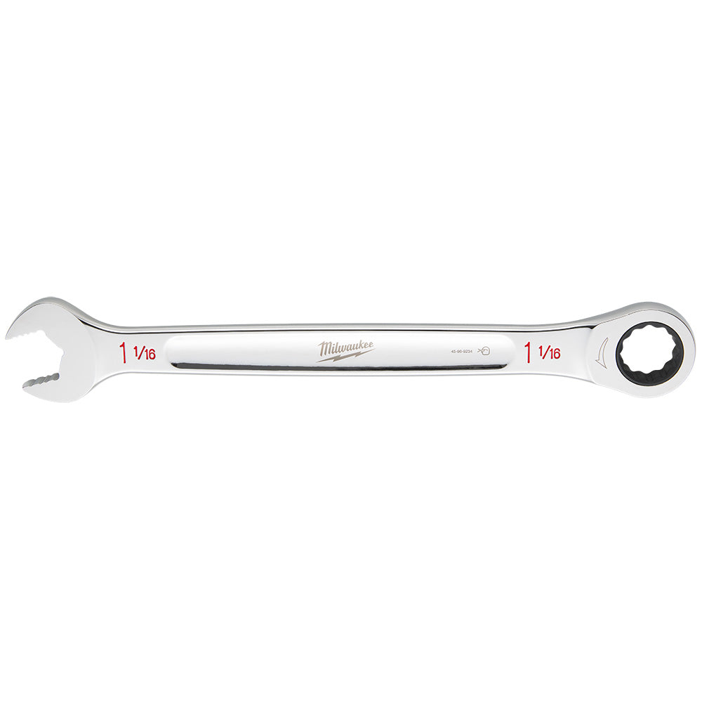Milwaukee 1-1/16" ratcheting combination wrench with open and ratchet head ends in polished chrome finish.
