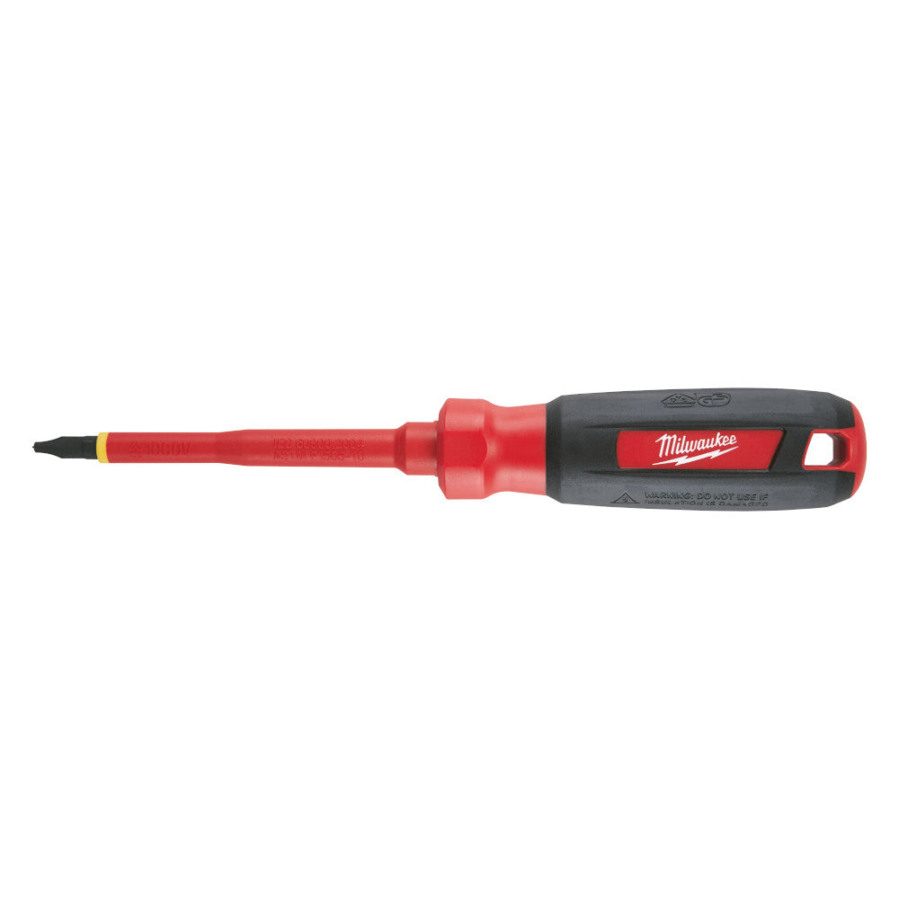 Red and black Milwaukee insulated screwdriver with Phillips #1 tip and red shaft.