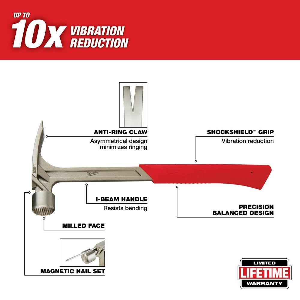 Milwaukee 28oz framing hammer with milled face, anti-ring claw, I-beam handle, red ShockShield grip, and magnetic nail set.