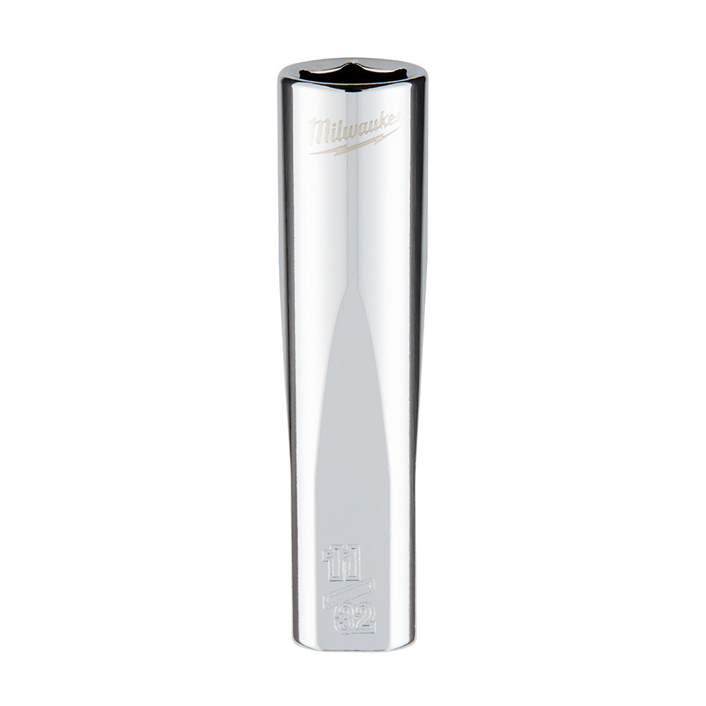 Milwaukee 1/4 inch drive 11/32 inch SAE 6-point deep socket with chrome finish and hexagonal opening.