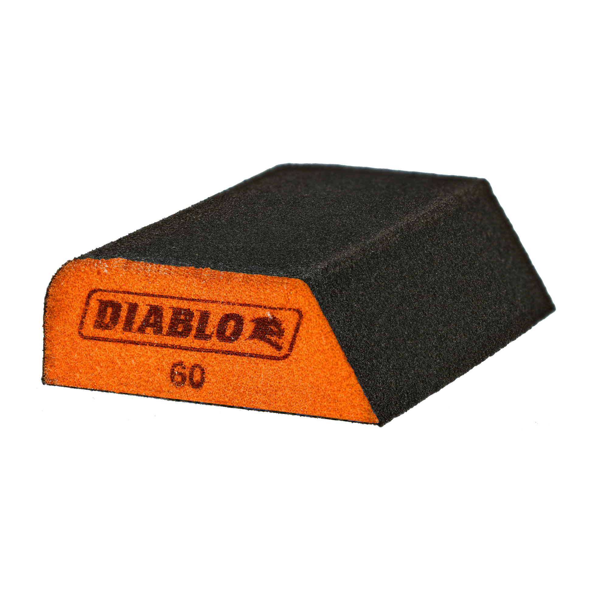 Black and orange dual-sided sanding sponge with "DIABLO" branding and "60" grit marking on the orange face.