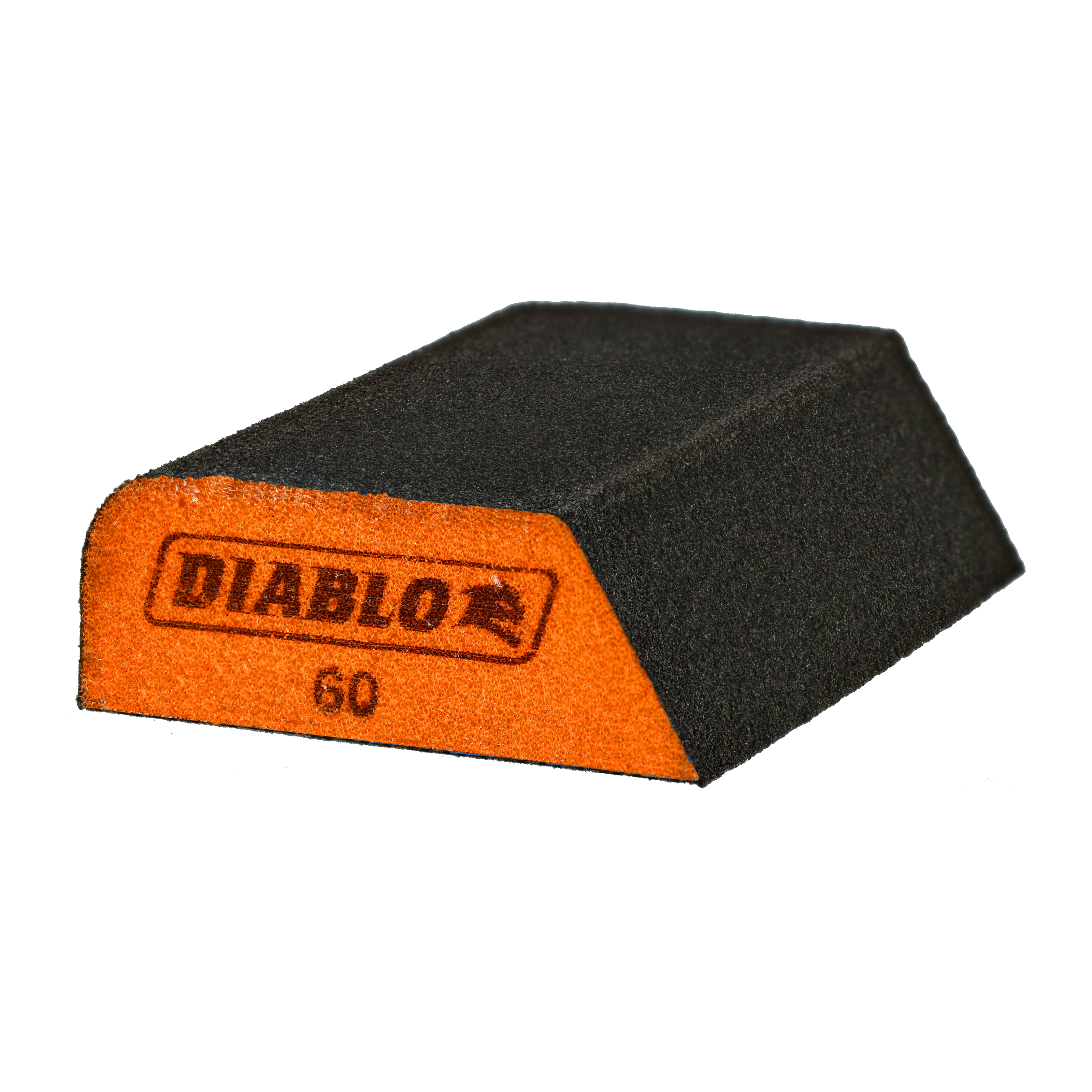 Black and orange dual-sided sanding sponge with "DIABLO" branding and "60" grit marking on the orange face.