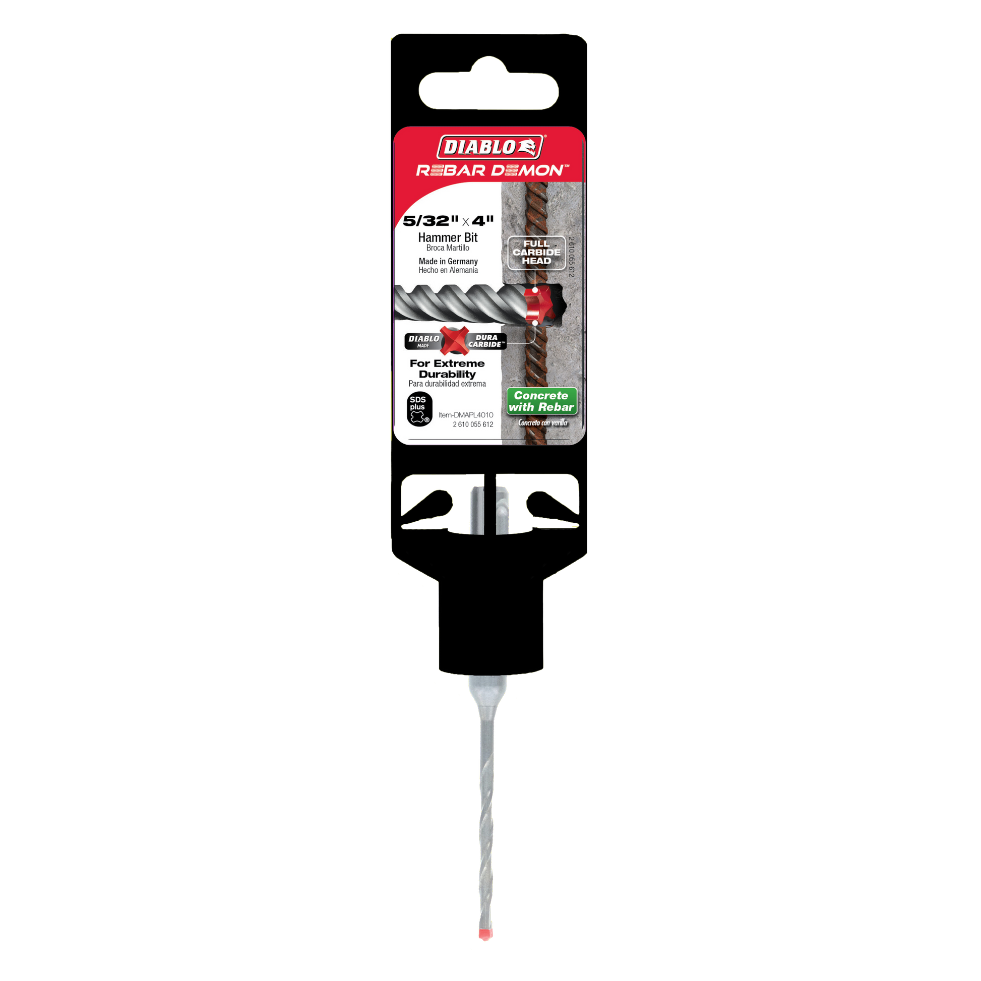 Diablo Rebar Demon SDS-Plus hammer drill bit with carbide head and black plastic packaging sleeve.