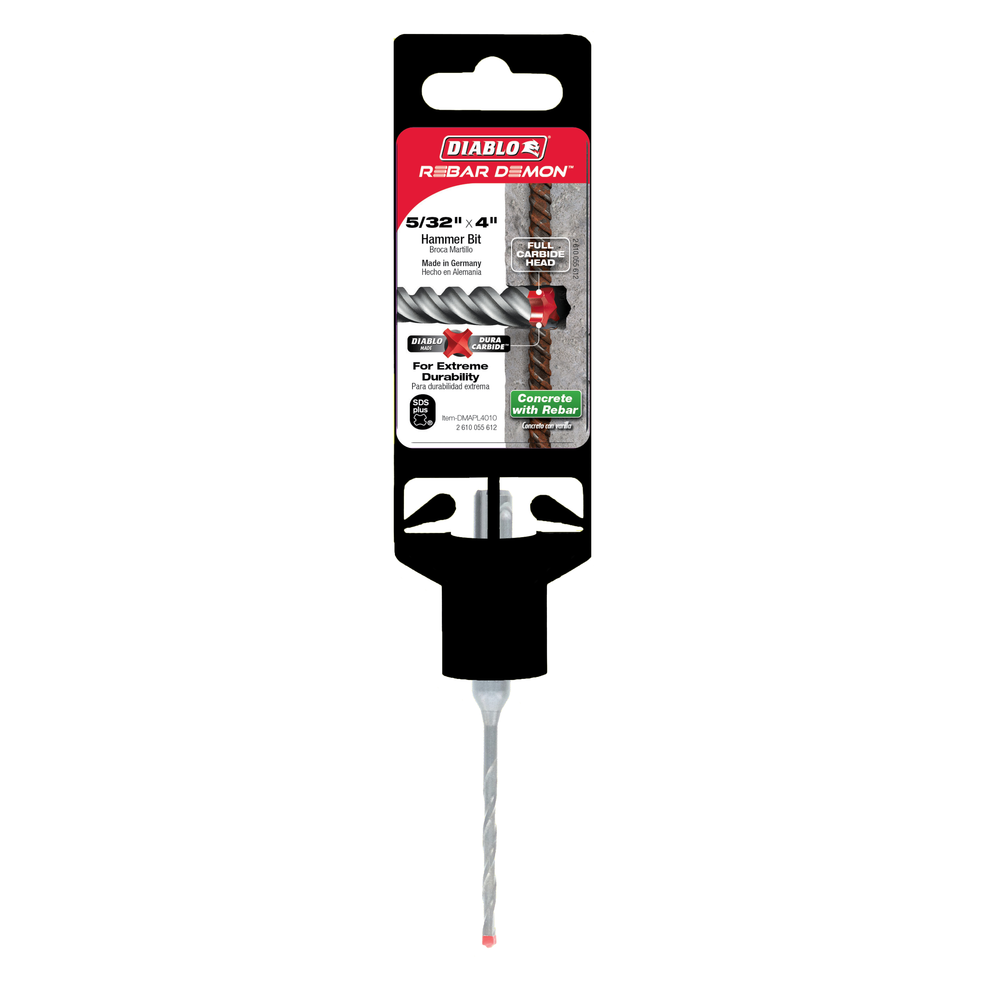 Diablo Rebar Demon SDS-Plus hammer drill bit with carbide head and black plastic packaging sleeve.