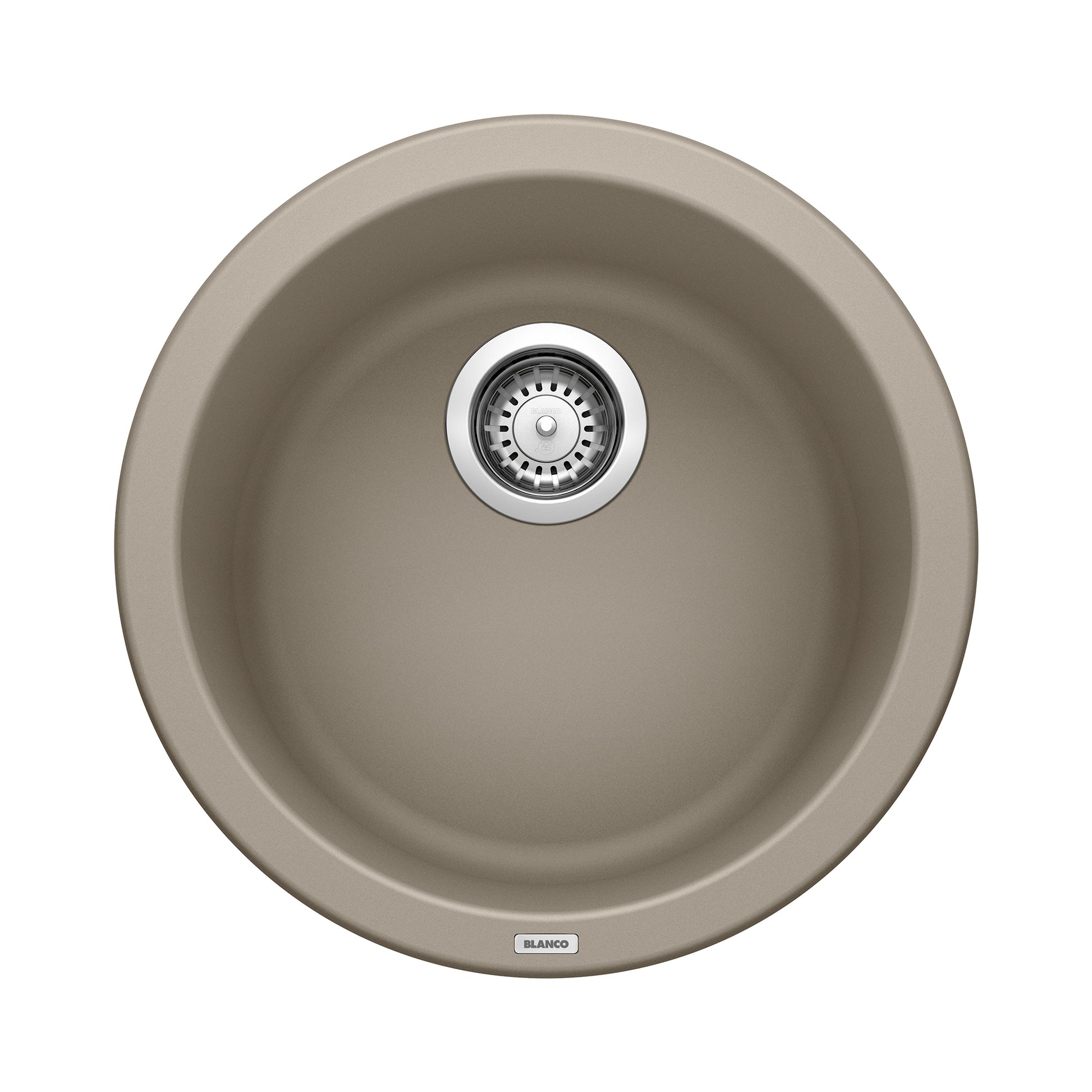 Truffle-colored round undermount bar sink with single basin and chrome drain strainer, viewed from above.
