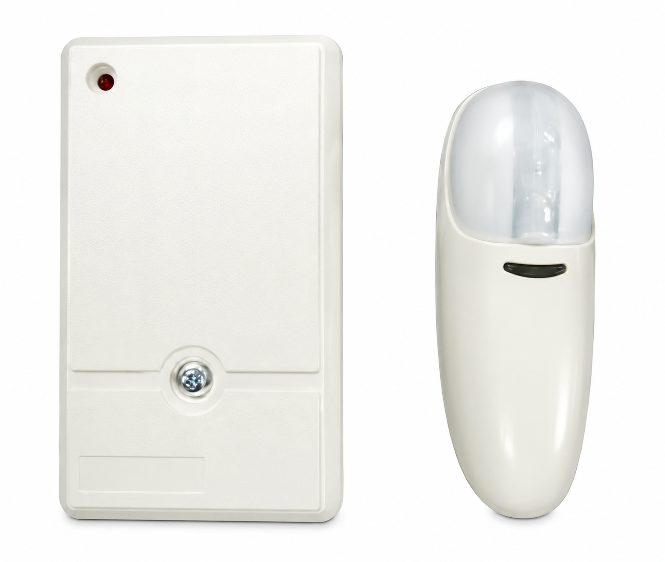 White wireless motion sensor receiver unit with red indicator light and matching white motion sensor transmitter with clear l