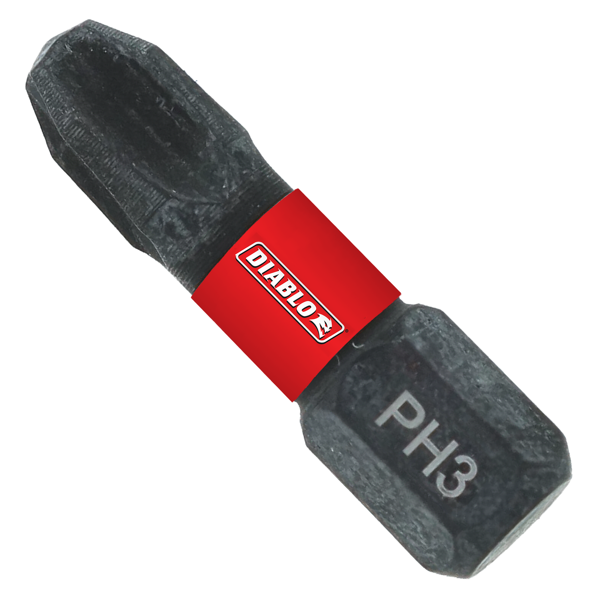 Two black Phillips drive bits with red Diablo band connector in the middle.