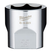 Chrome plated 3/8" drive socket with 23mm opening and Milwaukee branding.