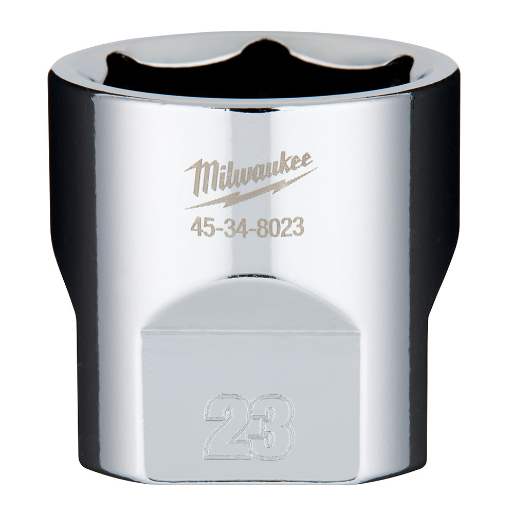 Chrome plated 3/8" drive socket with 23mm opening and Milwaukee branding.