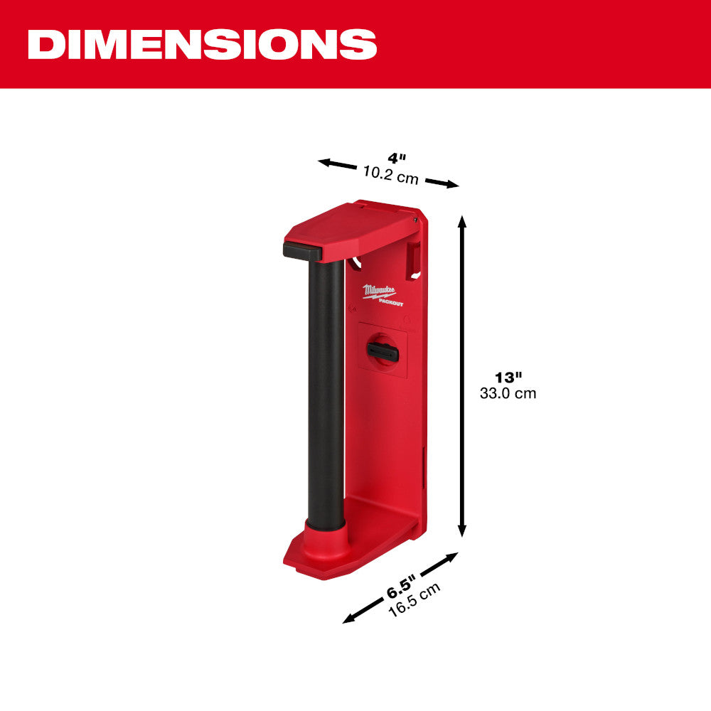 Red and black Milwaukee PACKOUT roll holder with dimensions marked: 4 inches wide, 13 inches tall, 6.5 inches deep.