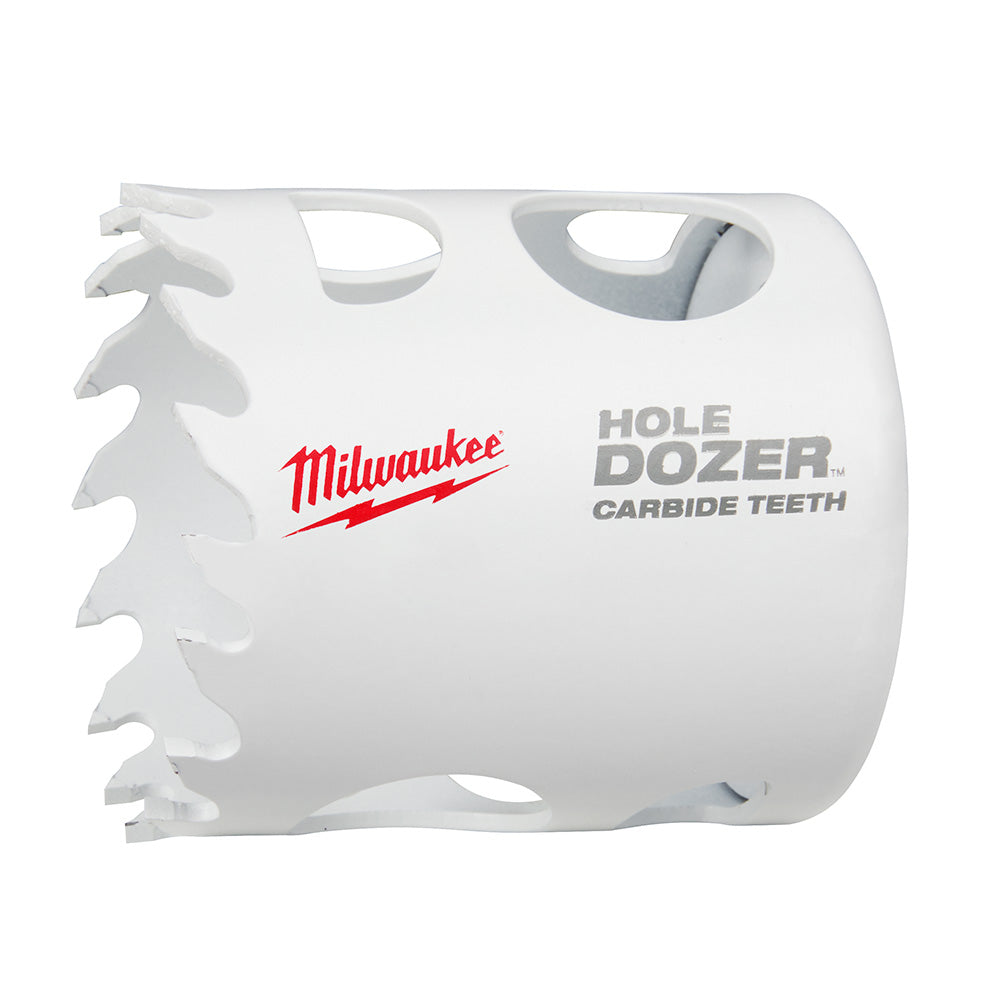 Milwaukee HOLE DOZER carbide teeth hole saw with serrated cutting edge and cylindrical white body.