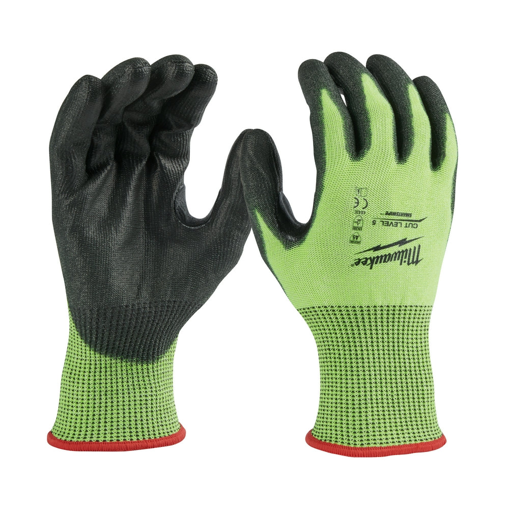 High-visibility work gloves with bright yellow-green knit cuffs, black polyurethane-dipped palms, and red ribbed wrist trim, 