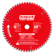 Red circular saw blade with 60 silver teeth around the perimeter, center arbor hole, and white Diablo Steel Demon branding.