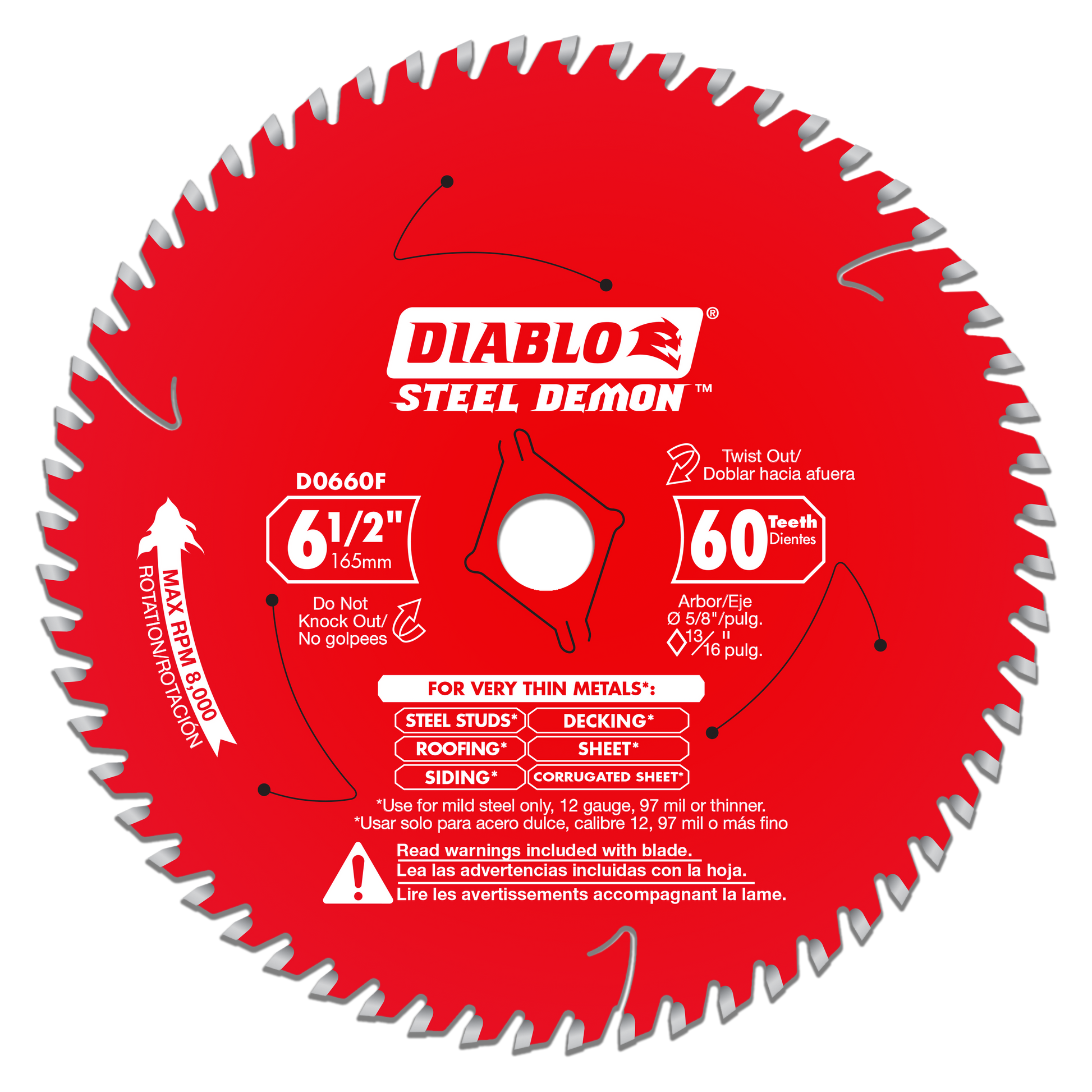 Red circular saw blade with 60 silver teeth around the perimeter, center arbor hole, and white Diablo Steel Demon branding.