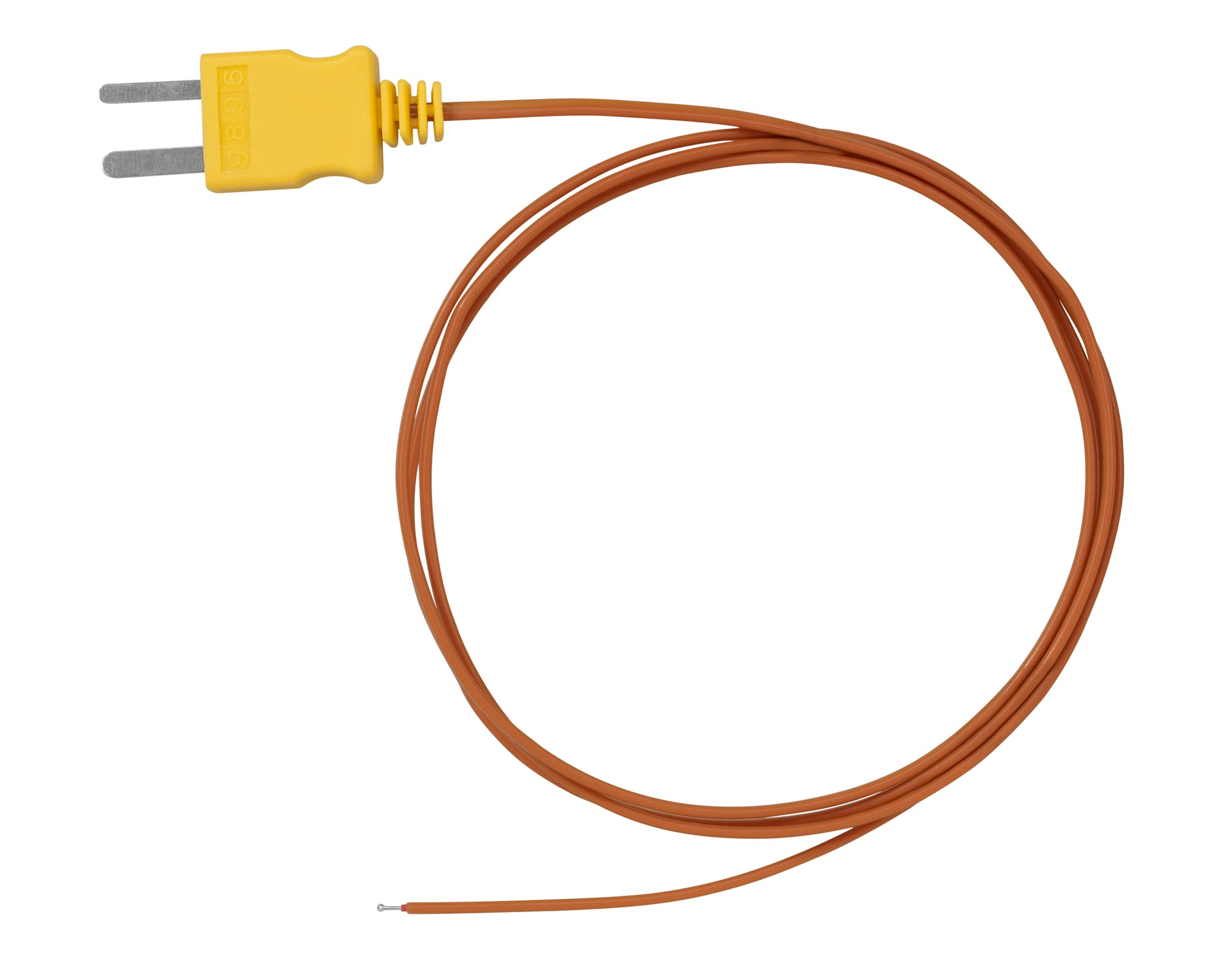 Yellow dual banana plug connector with brown thermocouple wire and metal probe tips.