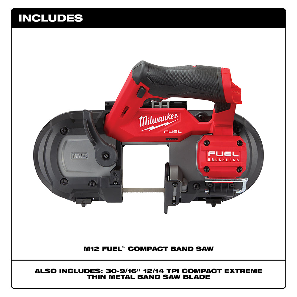 Red and black Milwaukee M12 FUEL compact band saw with black grip handle and gray wheel housings shown from the side.