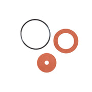 Black rubber O-ring and two terracotta-colored rubber washers with center hole on white background.