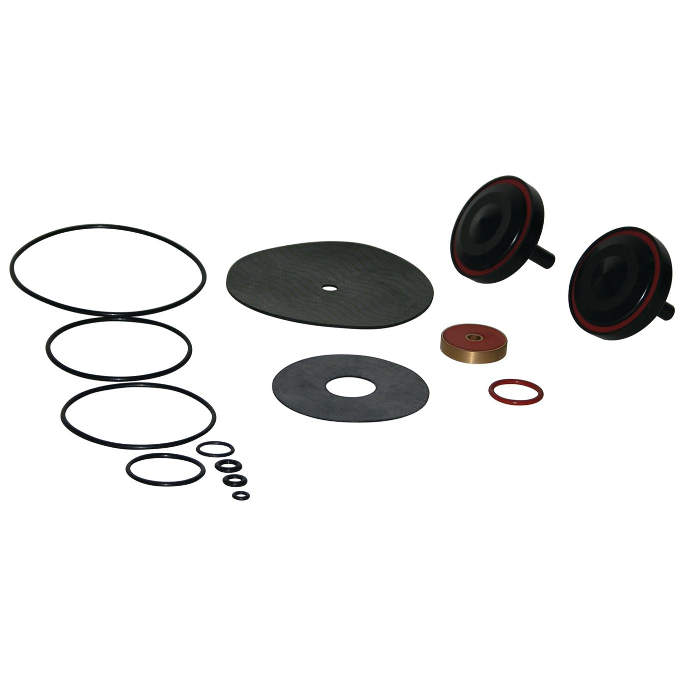 Black rubber o-rings, seals, and diaphragm parts kit with brass components arranged on white background.