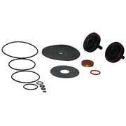 Black rubber o-rings, seals, and diaphragm parts kit with brass components arranged on white background.