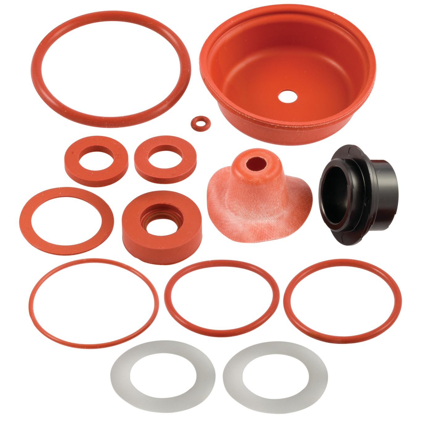 FEBCO rubber parts kit containing red seals, gaskets, rings, a dome cap, and black fitting arranged on white background.
