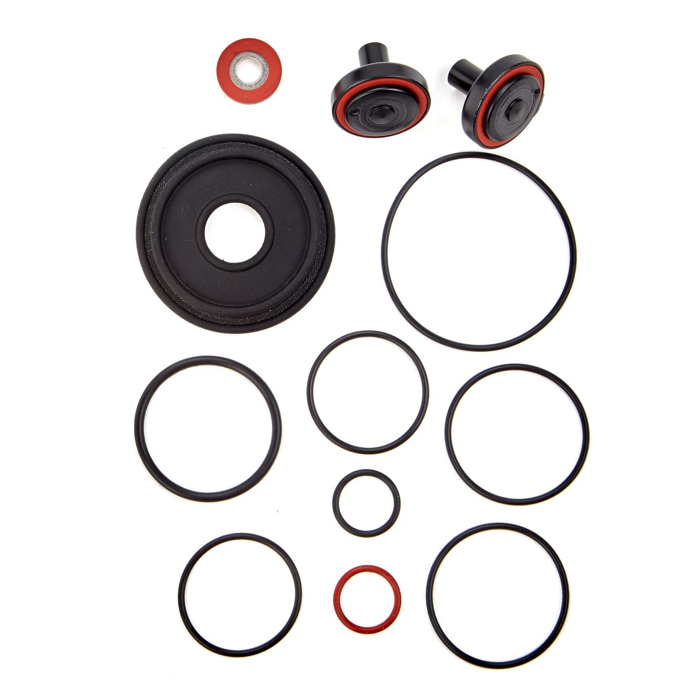 RPZ backflow preventer rubber parts kit with black O-rings, red seals, and diaphragm assemblies for 3/4 inch valve.