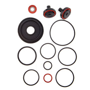 RPZ backflow preventer rubber parts kit with black O-rings, red seals, and diaphragm assemblies for 3/4 inch valve.