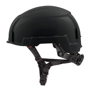 Black safety helmet with adjustable chin strap and side ventilation ports.