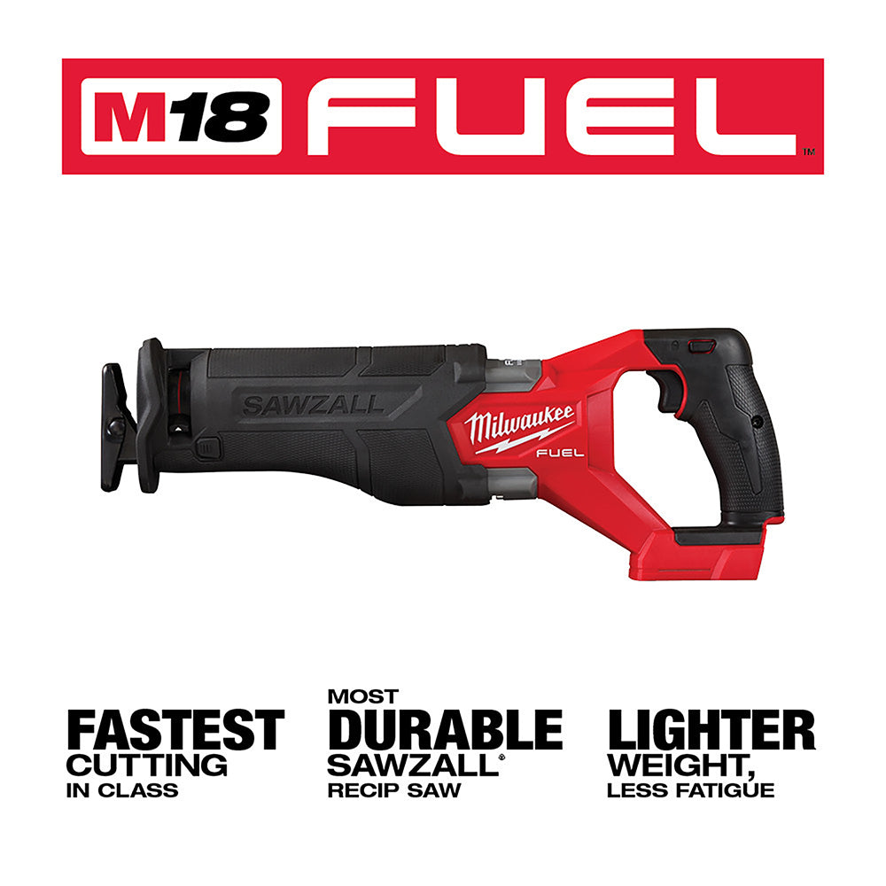 Milwaukee M18 FUEL reciprocating saw with red and black body, trigger grip, and blade on left side.