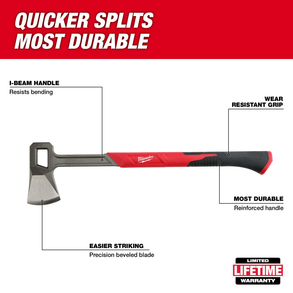 Milwaukee 26" splitting axe with red and black handle, metal head, and I-beam shaft against white background.