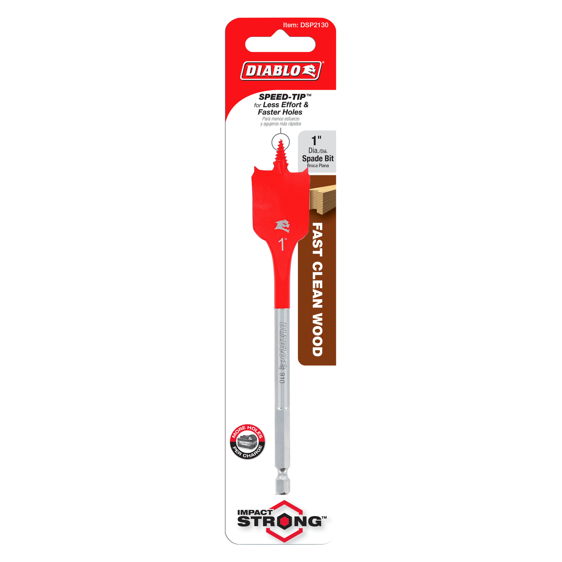 Red and gray Diablo 1 inch spade bit with flat paddle-shaped head on retail packaging card.