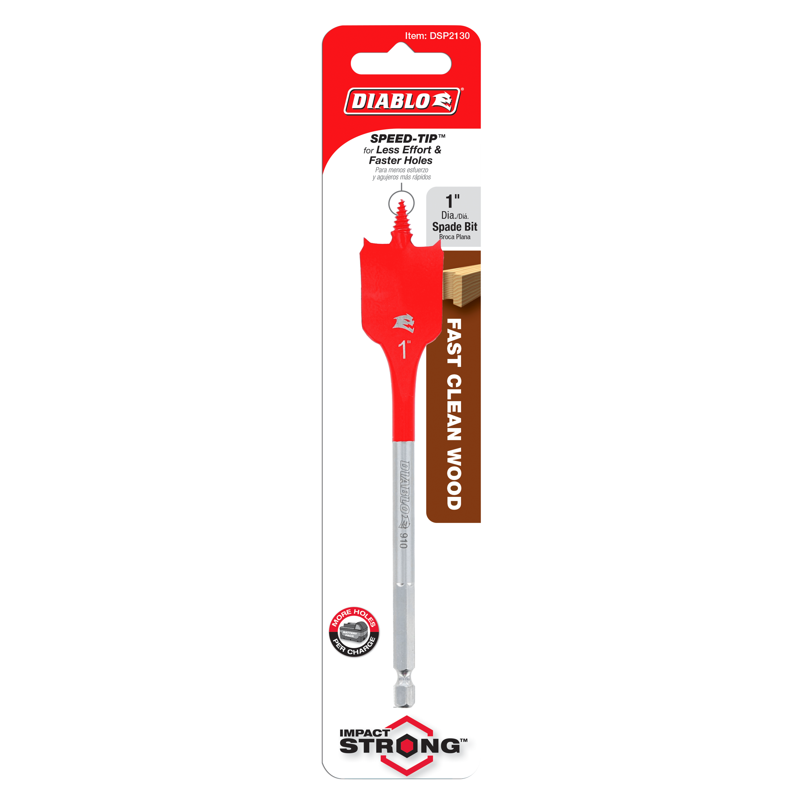 Red and gray Diablo 1 inch spade bit with flat paddle-shaped head on retail packaging card.