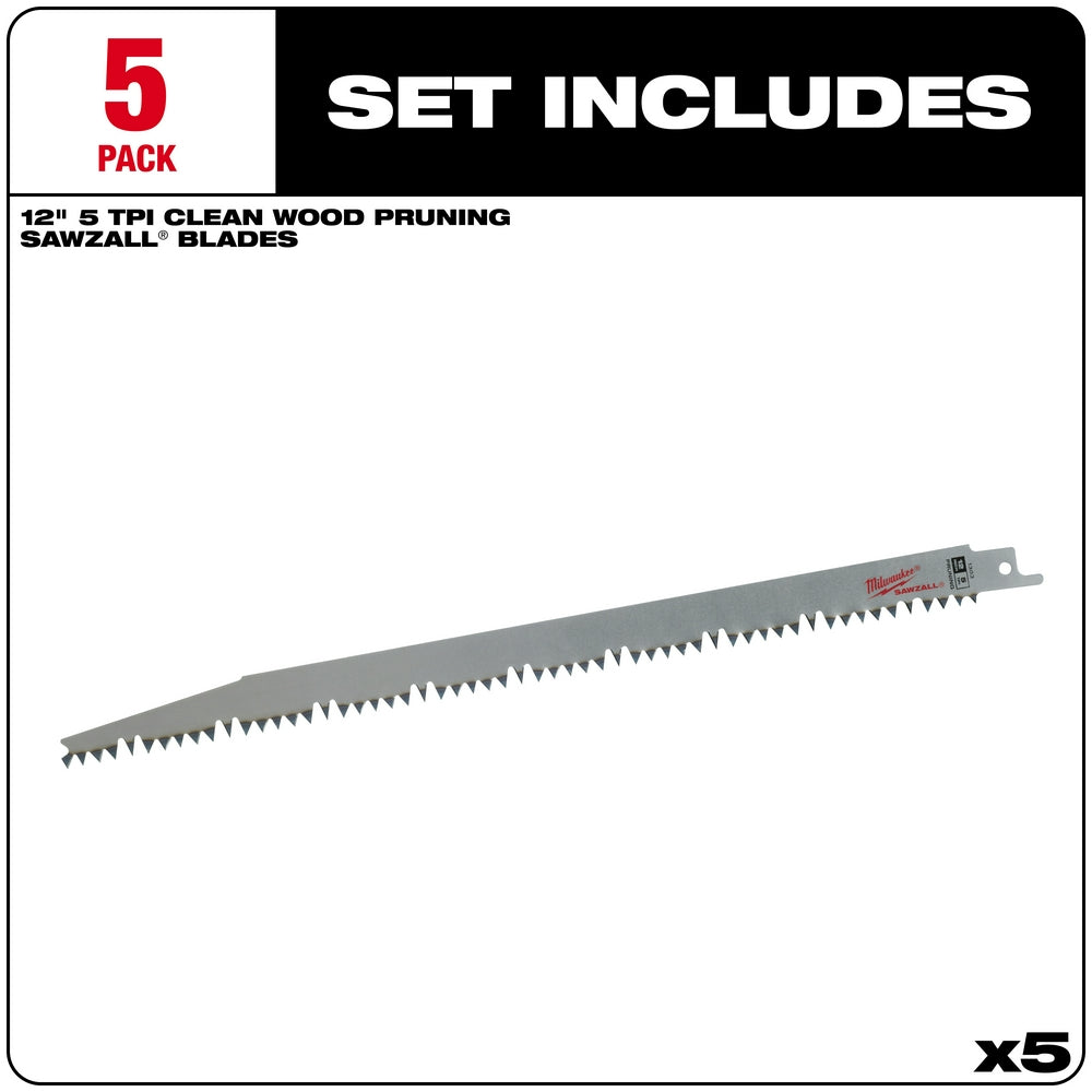 Pack of five 12-inch reciprocating saw blades with 5 teeth per inch for wood pruning applications.