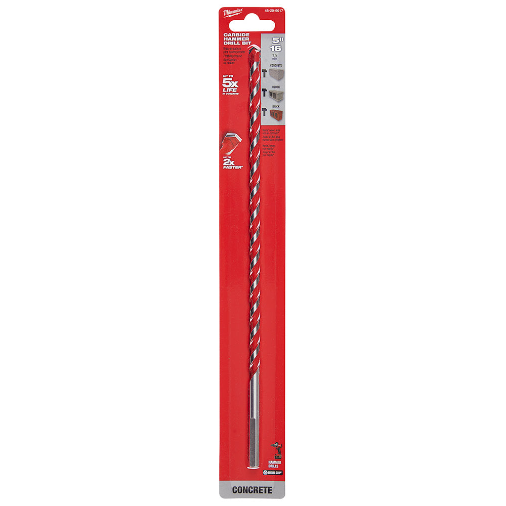 Milwaukee carbide hammer drill bit with spiral flutes on red packaging card labeled for concrete applications.