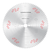 Freud LU5C12 350mm circular saw blade with fine teeth and red patented clamping system markings for aluminum cutting.