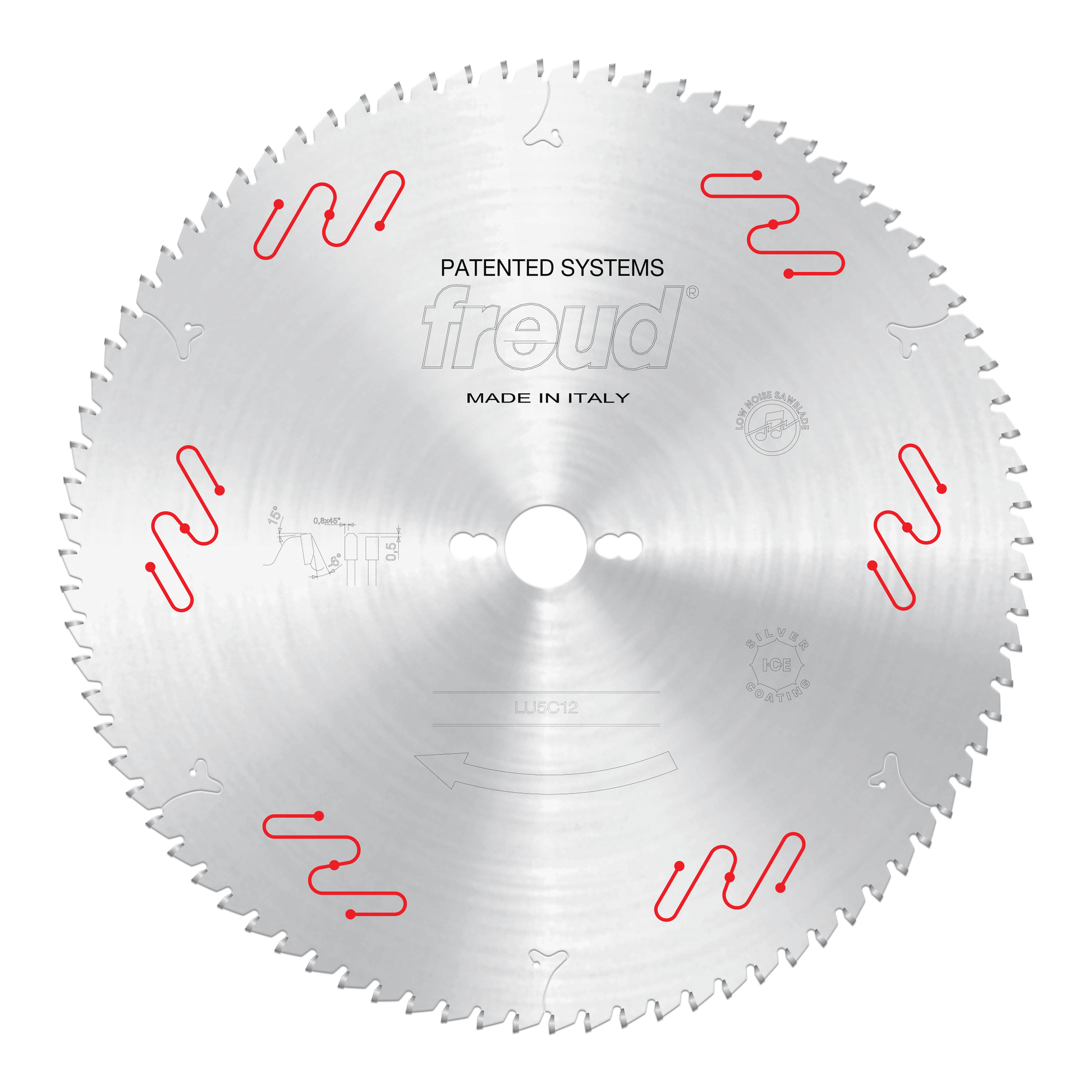 Freud LU5C12 350mm circular saw blade with fine teeth and red patented clamping system markings for aluminum cutting.