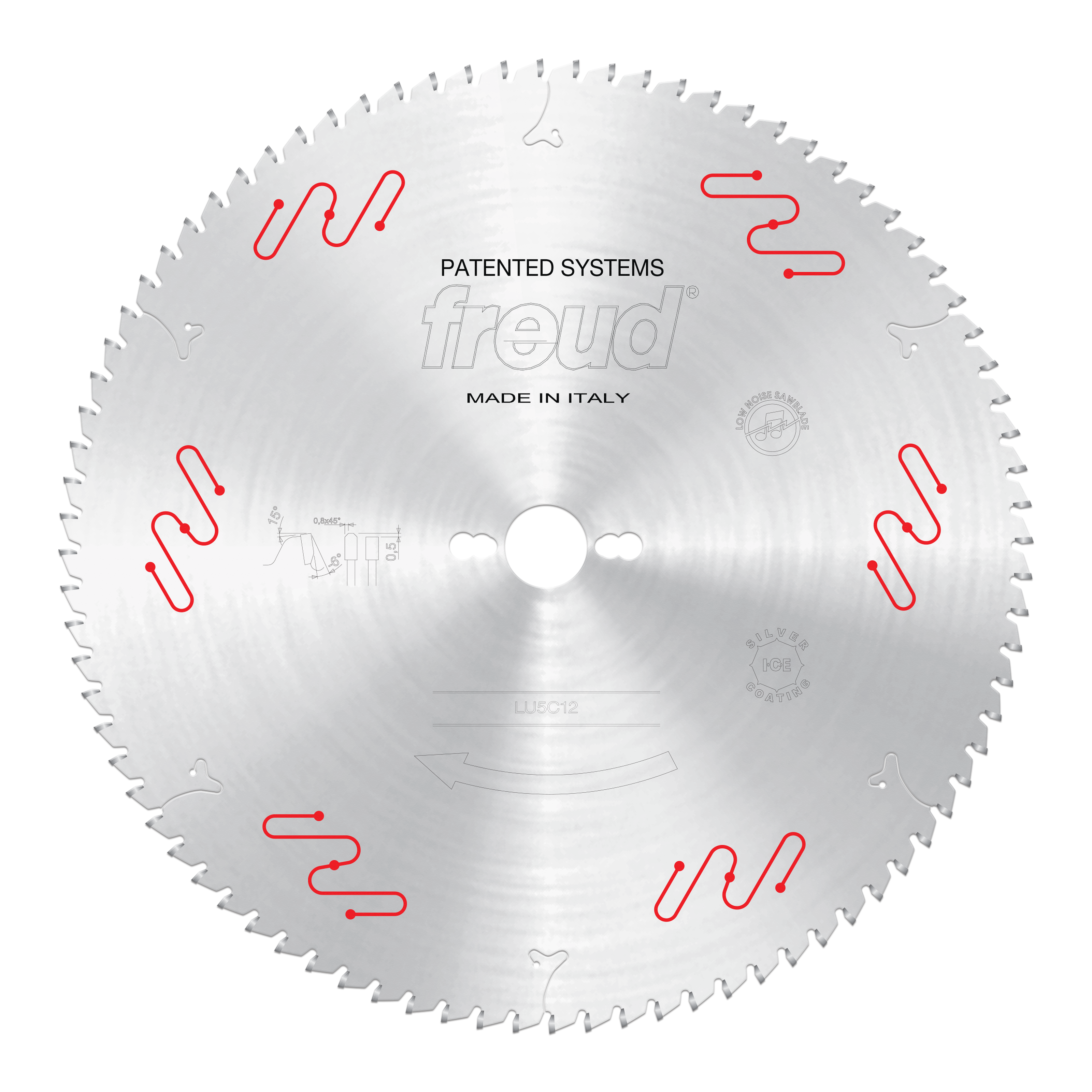 Freud LU5C12 350mm circular saw blade with fine teeth and red patented clamping system markings for aluminum cutting.