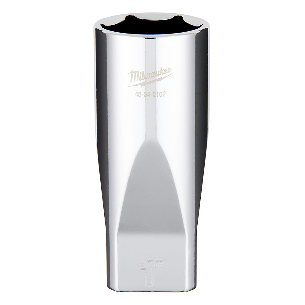 Polished chrome 1/2" drive deep socket with Milwaukee branding and model number engraved on the side.