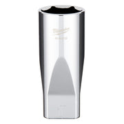Polished chrome 1/2" drive deep socket with Milwaukee branding and model number engraved on the side.