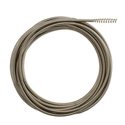 Coiled metal drain cleaning cable with spiral brush head attachment on white background.