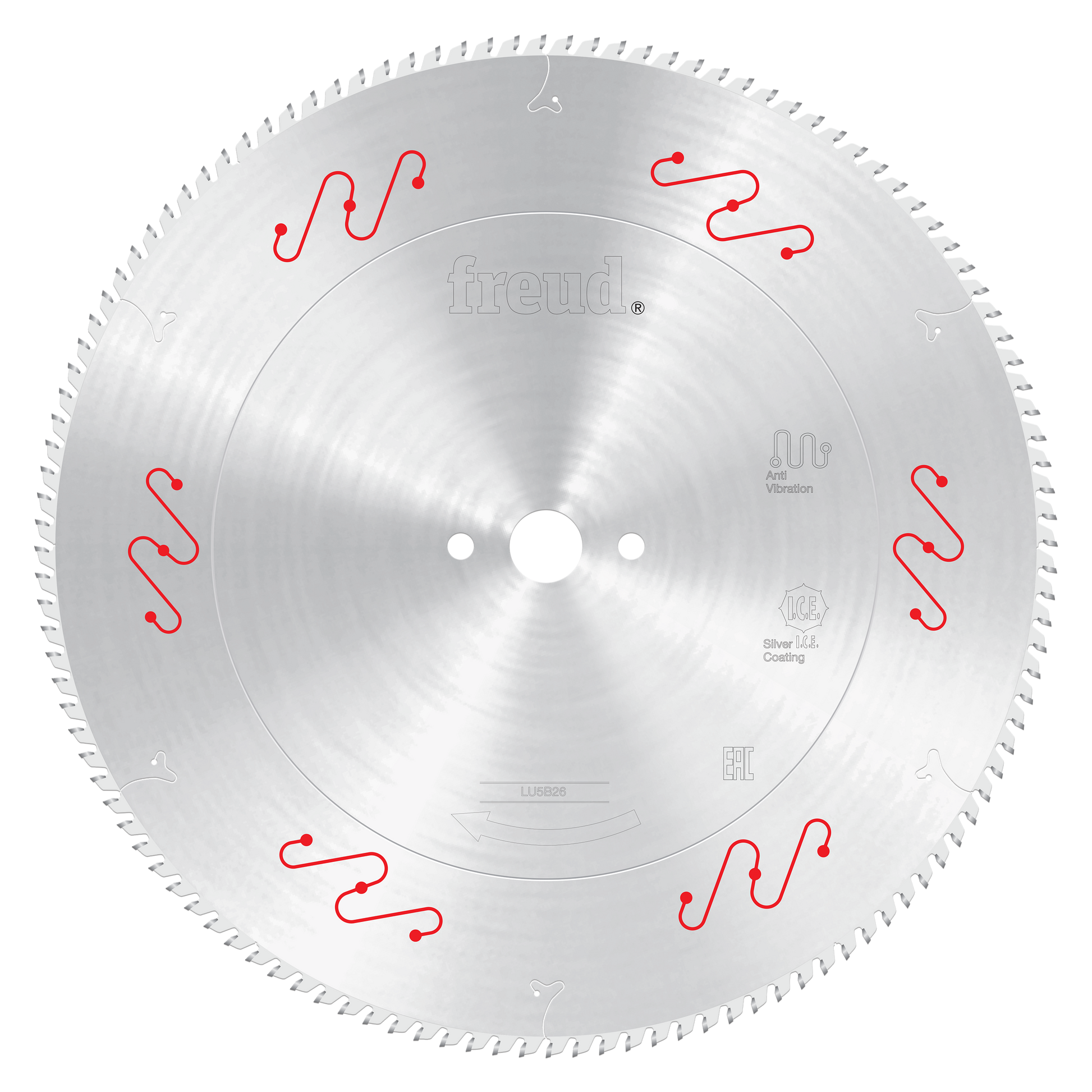 Freud 420mm circular saw blade with fine teeth and red wavy slot indicators for aluminum and non-ferrous materials.