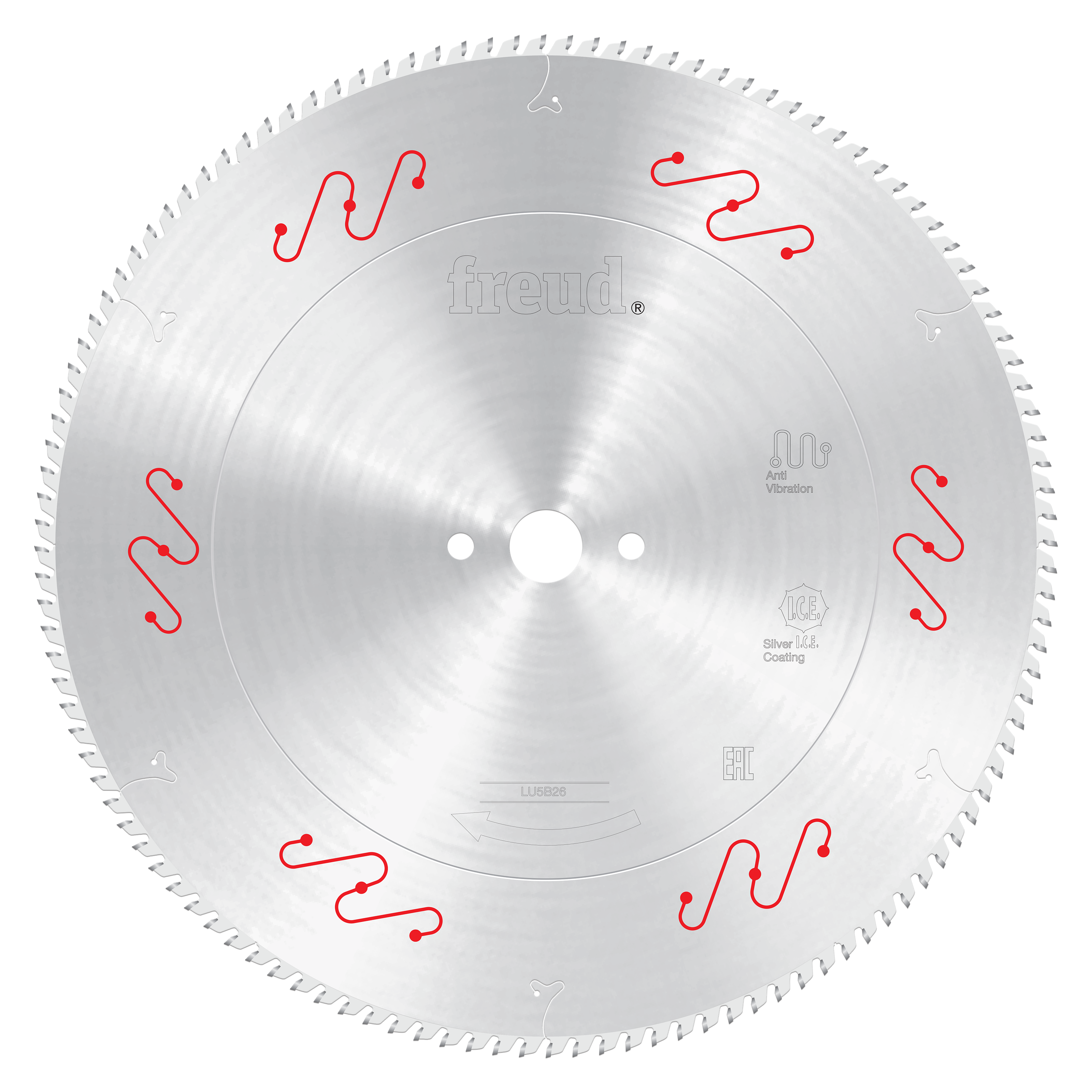 Freud 420mm circular saw blade with fine teeth and red wavy slot indicators for aluminum and non-ferrous materials.