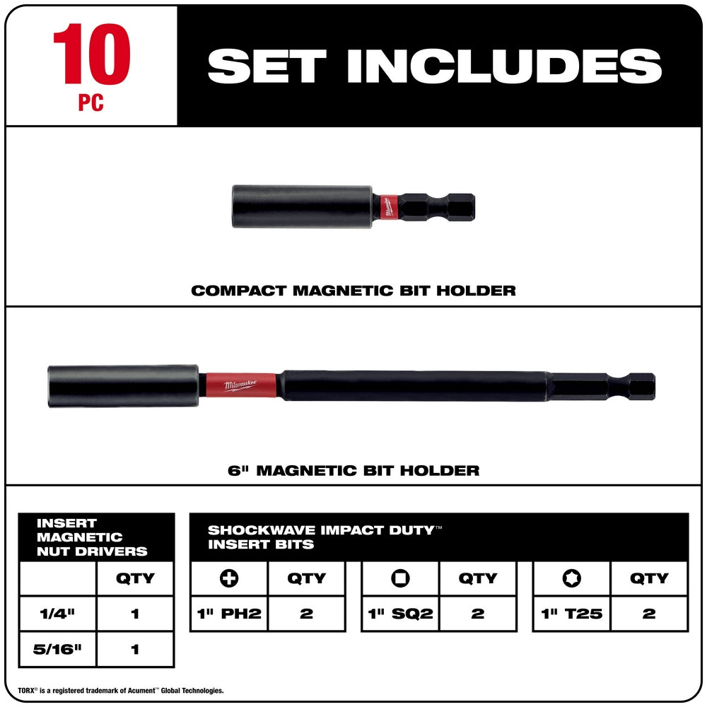 Milwaukee Shockwave 10-piece impact driver bit set with compact magnetic holder, 6" magnetic holder, and assorted Phillips, s